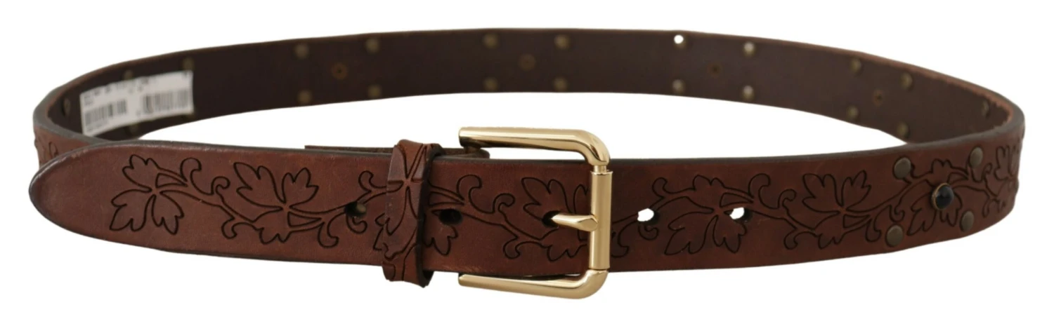 Dolce & Gabbana Brown Leather Floral Studded Metal Buckle Men's Belt 4 Dolce & Gabbana Brown Leather Floral Studded Metal Buckle Men's Belt - Image 2