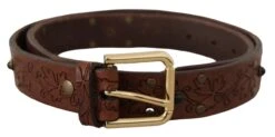 Dolce & Gabbana Brown Leather Floral Studded Metal Buckle Men's Belt