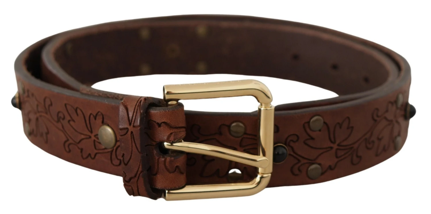 Dolce & Gabbana Brown Leather Floral Studded Metal Buckle Men's Belt 3 Dolce & Gabbana Brown Leather Floral Studded Metal Buckle Men's Belt