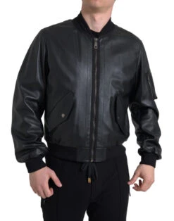 Dolce & Gabbana Black Leather Blouson Full Zip Bomber Men's Jacket