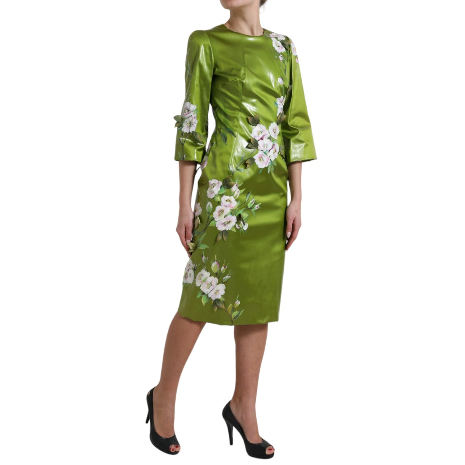 Dolce & Gabbana Green Floral Embellished Sheath Midi Women's Dress 5 Dolce & Gabbana Green Floral Embellished Sheath Midi Women's Dress - Image 3