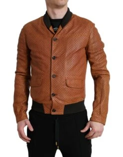 Dolce & Gabbana Brown Lambskin Leather Perforated Men's Jacket