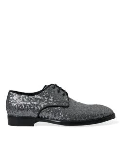 Dolce & Gabbana Silver Sequined Lace Up Men Derby Dress Men's Shoes