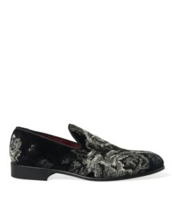 Dolce & Gabbana Black Floral Slippers Men Loafers Dress Men's Shoes