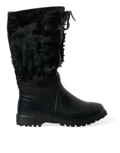 Dolce & Gabbana Black Rubber Lace Up Shearling Rain Boots Men's Shoes