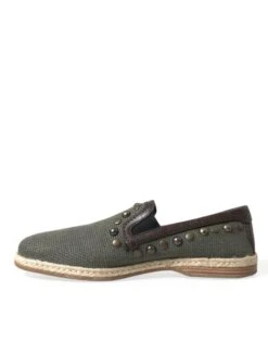 Dolce & Gabbana Gray Linen Leather Studded Loafers Men's Shoes 12 Dolce & Gabbana Gray Linen Leather Studded Loafers Men's Shoes -Lux Lair Store 4363485