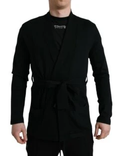 Dolce & Gabbana Black Cashmere Long Sleeves Belted Wrap Men's Robe