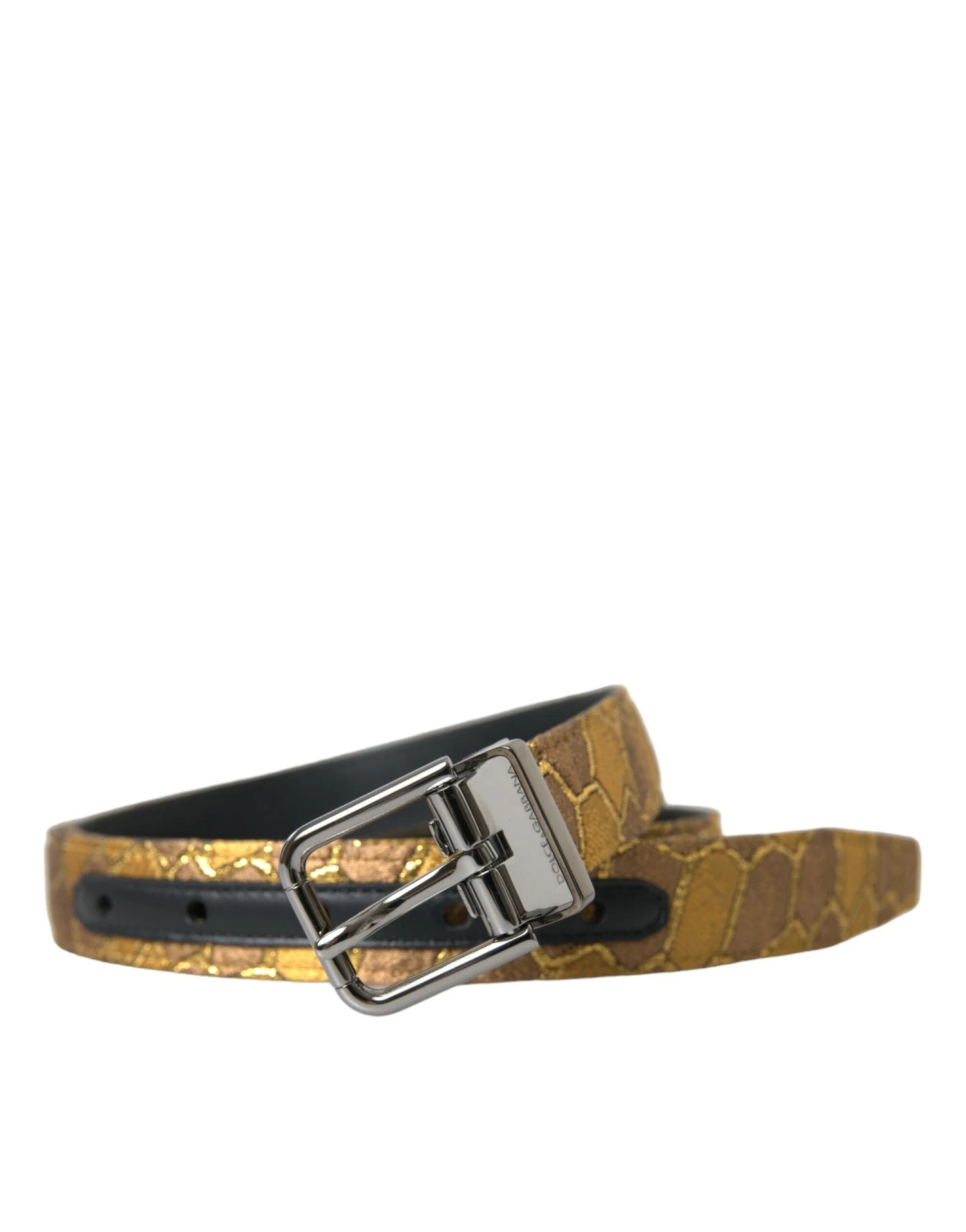 Dolce & Gabbana Gold Leather Jacquard Silver Metal Buckle Men's Belt 3 Dolce & Gabbana Gold Leather Jacquard Silver Metal Buckle Men's Belt