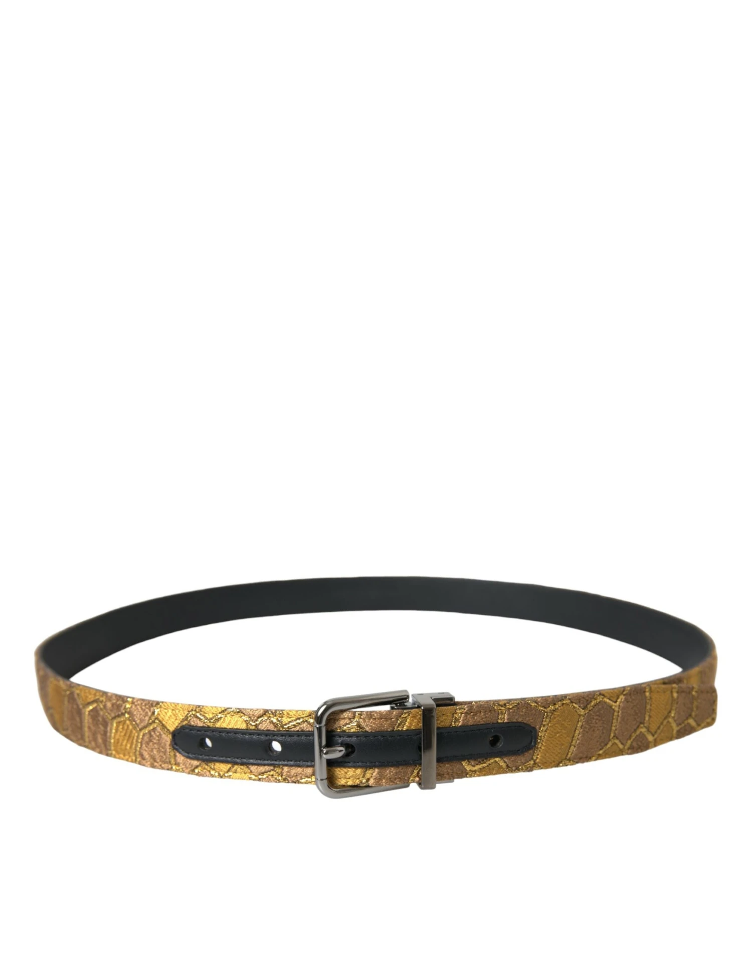 Dolce & Gabbana Gold Leather Jacquard Silver Metal Buckle Men's Belt 4 Dolce & Gabbana Gold Leather Jacquard Silver Metal Buckle Men's Belt - Image 2