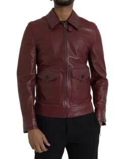 Dolce & Gabbana Maroon Exotic Leather Zip Biker Coat Men's Jacket