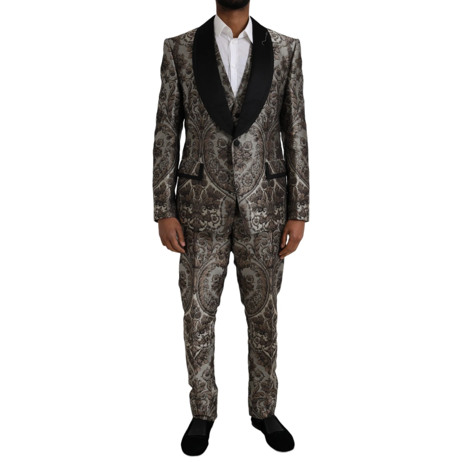 Dolce & Gabbana Brown Floral Jacquard Formal 3 Piece Men's Suit 3 Dolce & Gabbana Brown Floral Jacquard Formal 3 Piece Men's Suit