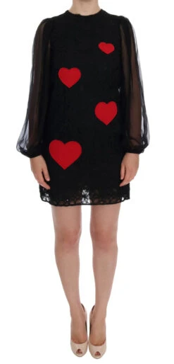Dolce & Gabbana Black Lace Red Heart Shift Women's Dress