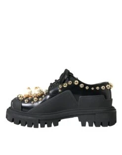 Dolce & Gabbana Black Leather Trekking Derby Embellished Women's Shoes 12 Dolce & Gabbana Black Leather Trekking Derby Embellished Women's Shoes -Lux Lair Store 4539008