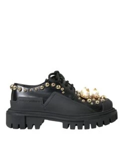 Dolce & Gabbana Black Leather Trekking Derby Embellished Women's Shoes