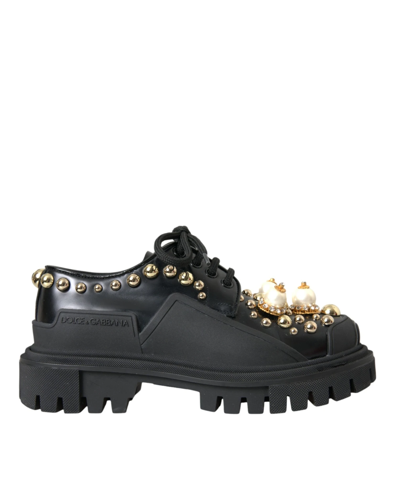 Dolce & Gabbana Black Leather Trekking Derby Embellished Women's Shoes 3 Dolce & Gabbana Black Leather Trekking Derby Embellished Women's Shoes