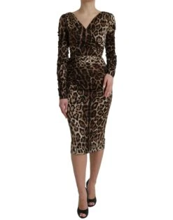 Dolce & Gabbana Brown Leopard Print Bodycon V-neck Midi Women's Dress