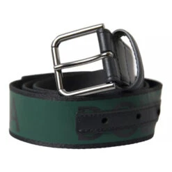 Dolce & Gabbana Black Green Leather Silver Metal Buckle Men's Belt (Pre-Owned)