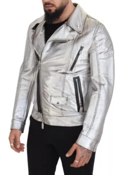 Dolce & Gabbana Silver Leather Biker Coat Lambskin Men's Jacket (Pre-Owned) -Lux Lair Store 4566405