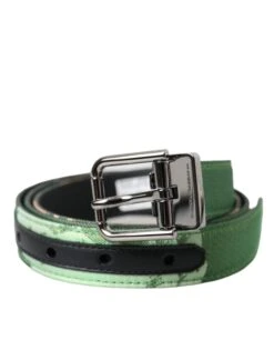 Dolce & Gabbana Green Leather Jacquard Silver Metal Buckle Men's Belt