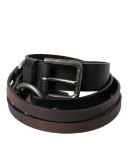 Dolce & Gabbana Black Brown Leather Silver Metal Buckle Men's Belt