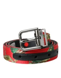 Dolce & Gabbana Red Leather Jacquard Silver Metal Buckle Men's Belt
