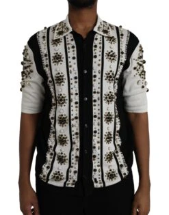 Dolce & Gabbana White Black Silk Studded Stone Crystal Men's Shirt