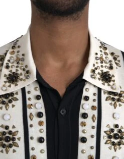 Dolce & Gabbana White Black Silk Studded Stone Crystal Men's Shirt -Lux Lair Store 4576406