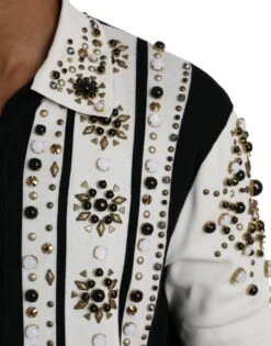Dolce & Gabbana White Black Silk Studded Stone Crystal Men's Shirt -Lux Lair Store 4576407