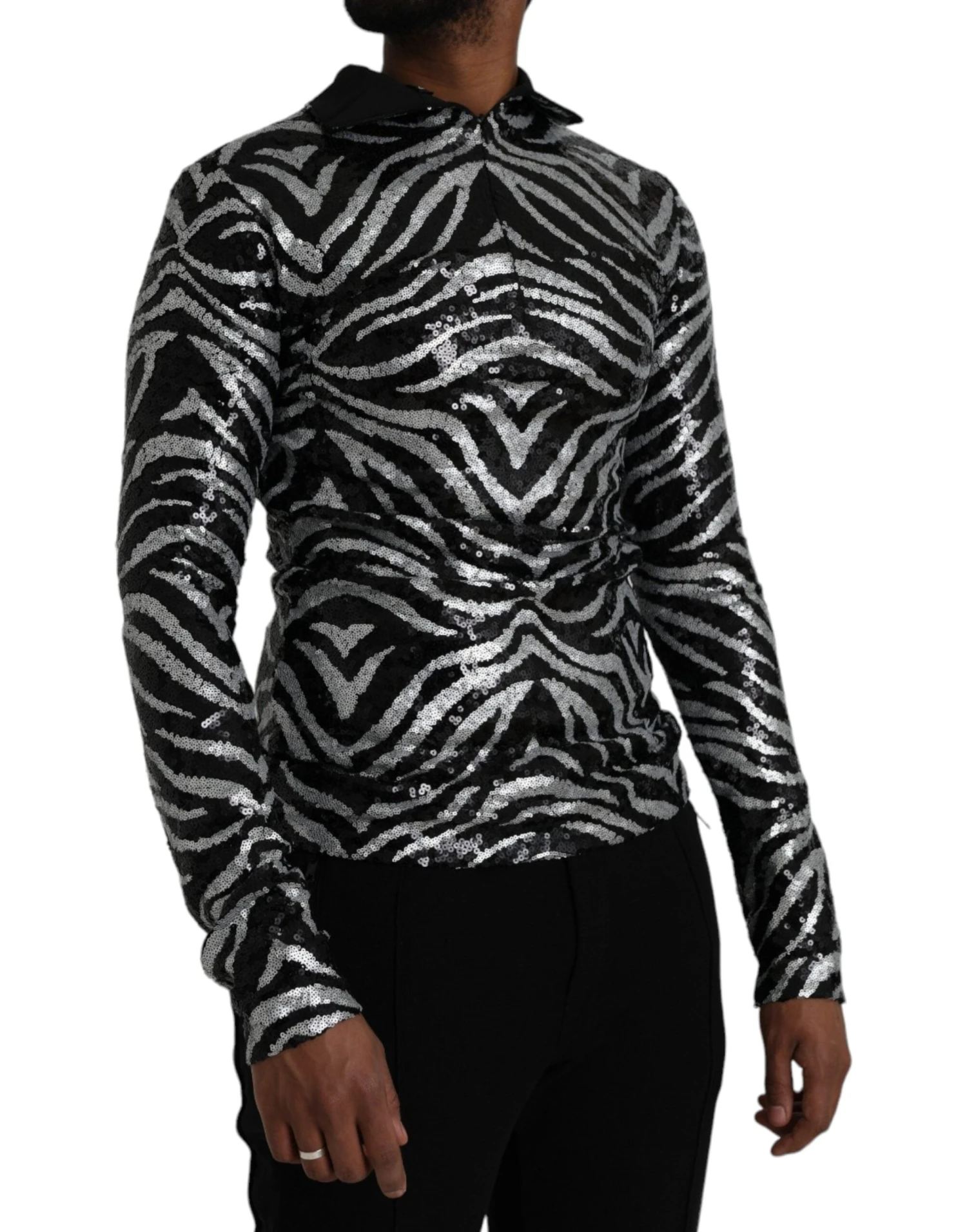 Dolce & Gabbana Black Silver Sequined Polyester Men's Sweater 4 Dolce & Gabbana Black Silver Sequined Polyester Men's Sweater - Image 2
