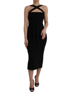 Dolce & Gabbana Black Sheath Halter Sleeveless Midi Women's Dress