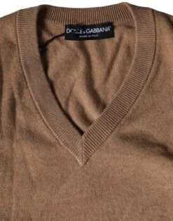 Dolce & Gabbana Brown Cashmere Knit V-neck Pullover Men's Sweater -Lux Lair Store 4646171