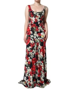 Dolce & Gabbana Black Floral Silk Sleeveless Long Gown Women's Dress