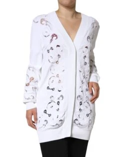 Dolce & Gabbana White Viscose Floral Cut Out Cardigan Women's Sweater (Pre-Owned)