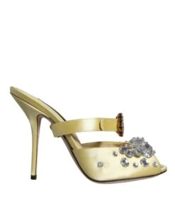 Dolce & Gabbana Yellow Mary Janes Satin Crystal Sandals Women's Shoes
