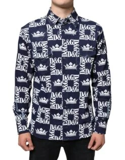 Dolce & Gabbana Blue Crown Logo Print Slim Fit Cotton Men's Shirt