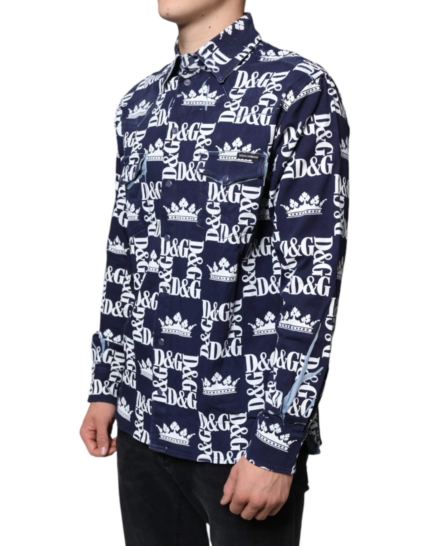 Dolce & Gabbana Blue Crown Logo Print Slim Fit Cotton Men's Shirt 4 Dolce & Gabbana Blue Crown Logo Print Slim Fit Cotton Men's Shirt - Image 2