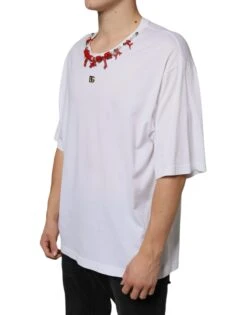 Dolce & Gabbana White Cotton Necklace Embellished Men's T-shirt -Lux Lair Store 4662913