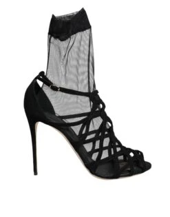 Dolce & Gabbana Black Tulle Stretch Heels Sandals Women's Shoes