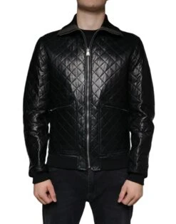 Dolce & Gabbana Black Calf Leather Quilted Full Zip Men's Jacket (Pre-Owned)