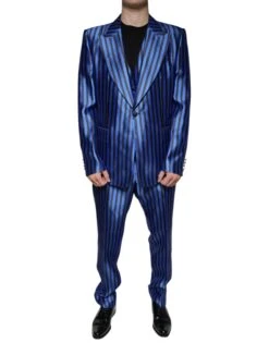 Dolce & Gabbana Metallic Blue Stripes Formal 3 Piece Men's Suit (Pre-Owned)