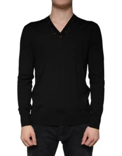 Dolce & Gabbana Black Embellished V-neck Pullover Men's Sweater