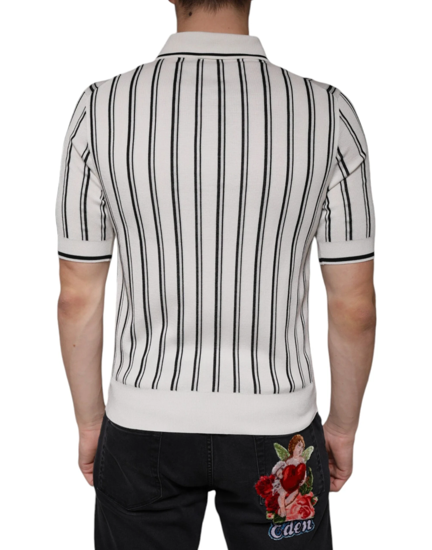 Dolce & Gabbana White Black Stripe Polo Short Sleeve Men's T-shirt 5 Dolce & Gabbana White Black Stripe Polo Short Sleeve Men's T-shirt - Image 3