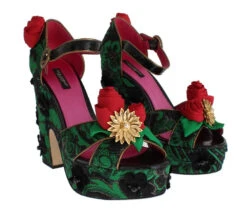 Dolce & Gabbana Green Brocade Snakeskin Roses Crystal Women's Shoes 8 Dolce & Gabbana Green Brocade Snakeskin Roses Crystal Women's Shoes -Lux Lair Store 47571
