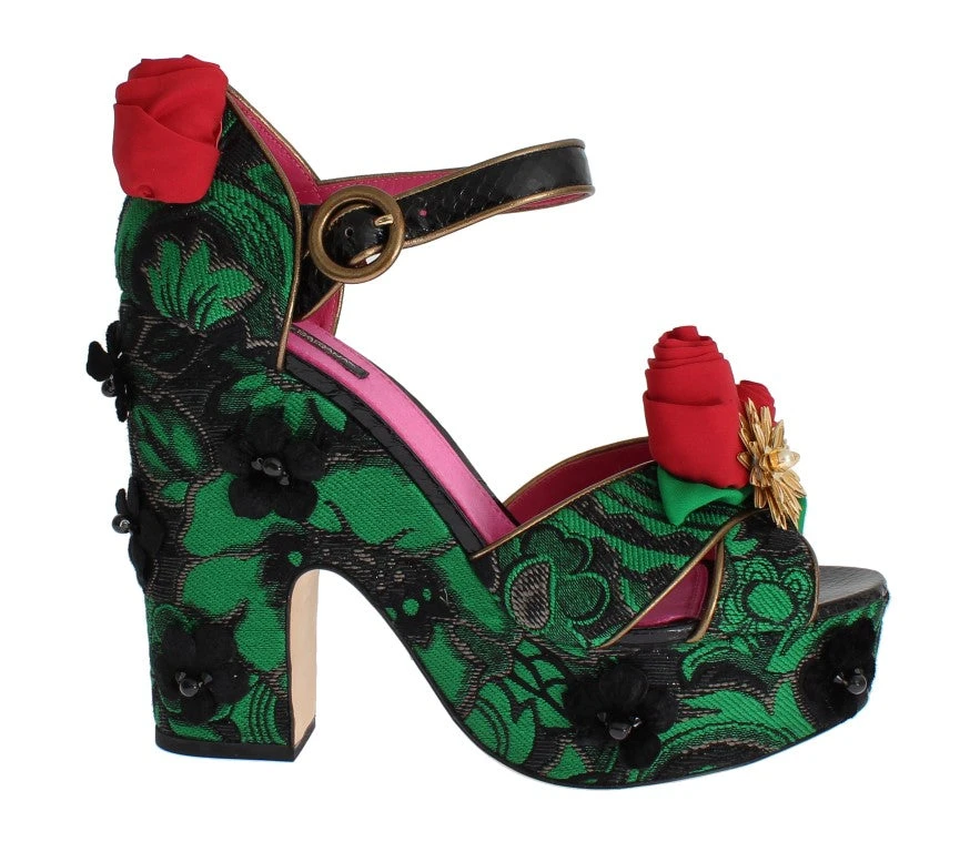 Dolce & Gabbana Green Brocade Snakeskin Roses Crystal Women's Shoes 3 Dolce & Gabbana Green Brocade Snakeskin Roses Crystal Women's Shoes