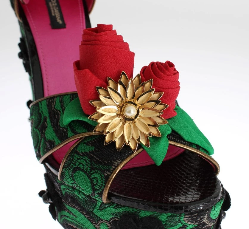 Dolce & Gabbana Green Brocade Snakeskin Roses Crystal Women's Shoes 7 Dolce & Gabbana Green Brocade Snakeskin Roses Crystal Women's Shoes - Image 5