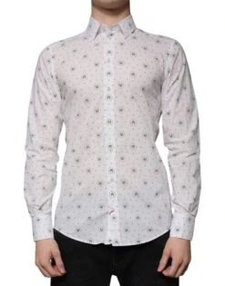 Dolce & Gabbana White Printed Cotton Slim Fit Men Dress Men's Shirt (Pre-Owned)