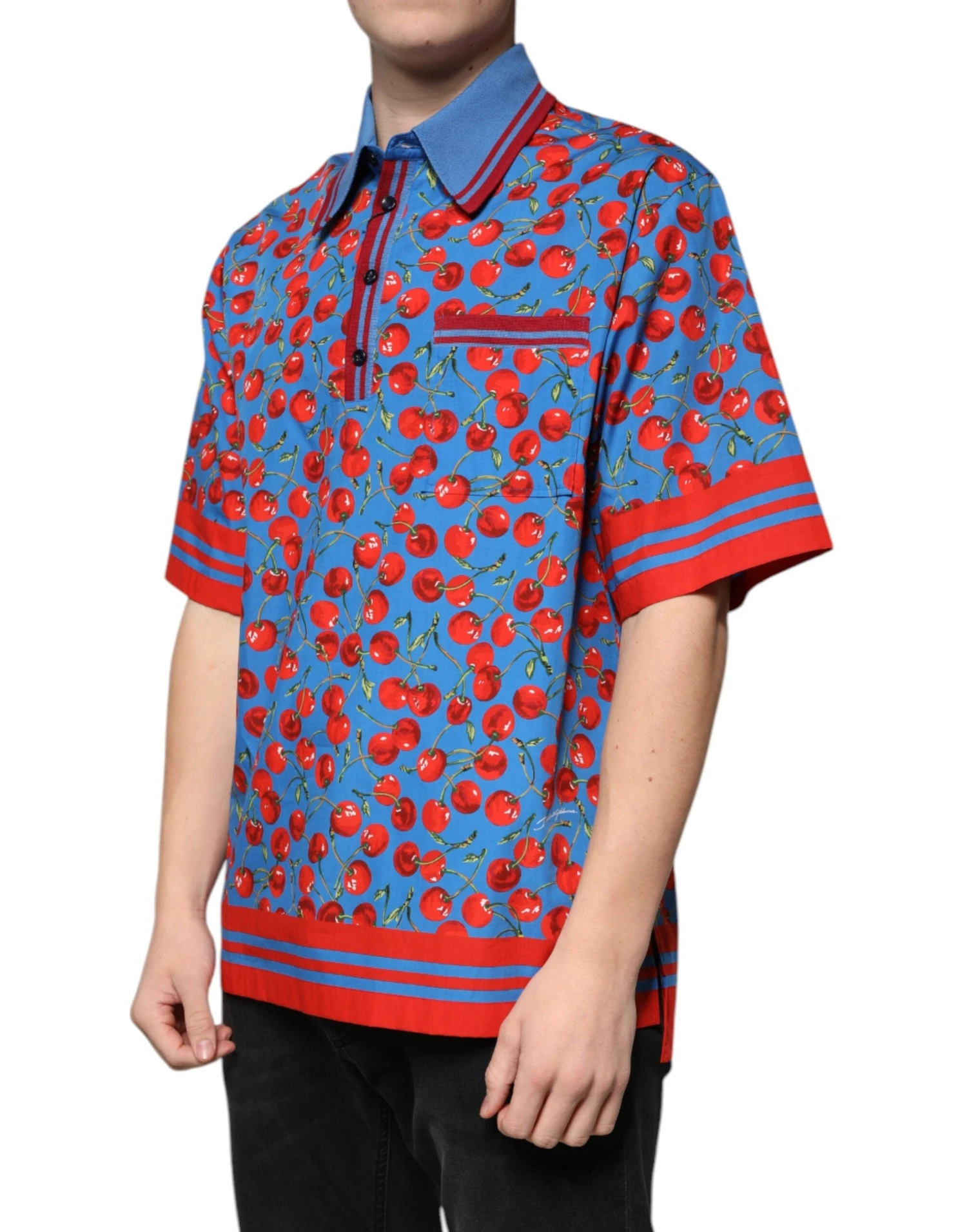Dolce & Gabbana Blue Cherry Cotton Collared Men Polo Men's T-shirt 4 Dolce & Gabbana Blue Cherry Cotton Collared Men Polo Men's T-shirt - Image 2