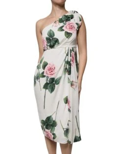 Dolce & Gabbana White Floral Silk One Shoulder Midi Women's Dress