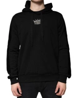 Dolce & Gabbana Black Crown Cotton Hooded Sweatshirt Men's Sweater