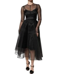 Dolce & Gabbana Black Tulle A-line Midi Cocktail Gown Women's Dress